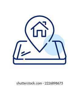 Map pointer with home symbol on isometric smartphone. Pixel perfect, editable stroke line icon
