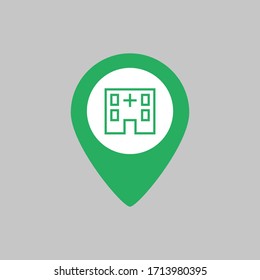 Map Pointer With Hospital Icon On Grey Background.