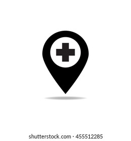 Map pointer with hospital sign