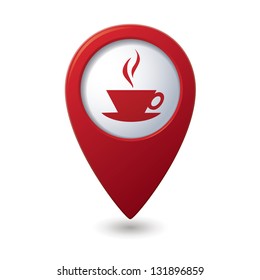 Map pointer with hot coffee cup icon. Vector illustration