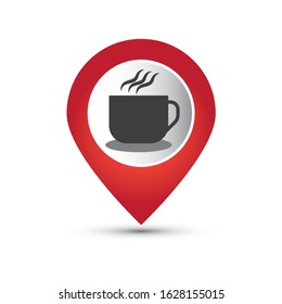 Map pointer with hot coffee cup icon. Vector illustration