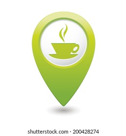 Map pointer with hot coffee cup icon. Vector illustration
