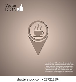 Map pointer with hot coffee mug. Flat style. Made in vector