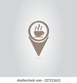 Map pointer with hot coffee mug. Flat style. Made in vector
