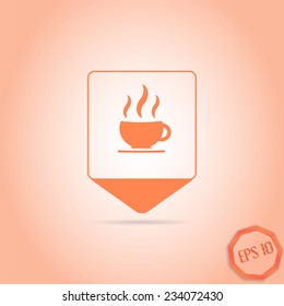 Map pointer with hot coffee mug. Flat design style. Made in vector illustration