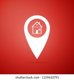 Map pointer with house icon isolated on red background. Home location marker symbol. Flat design. Vector Illustration