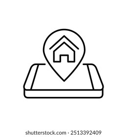Map pointer with house icon in it over isometric smart phone. Property location or home address delivery. Pixel perfect vector icon