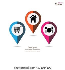 Map pointer with house ,shopping and food sign icon.   Vector illustration.