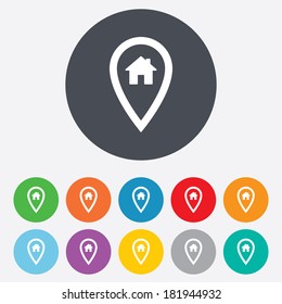 Map pointer house sign icon. Home location marker symbol. Round colourful 11 buttons. Vector