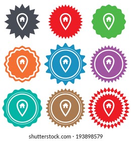 Map pointer house sign icon. Home location marker symbol. Stars stickers. Certificate emblem labels. Vector