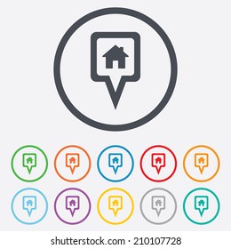 Map pointer house sign icon. Home location marker symbol. Round circle buttons with frame. Vector