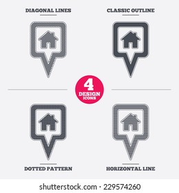 Map pointer house sign icon. Home location marker symbol. Diagonal and horizontal lines, classic outline, dotted texture. Pattern design icons.  Vector