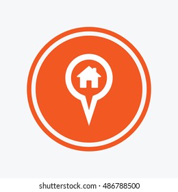 Map pointer house sign icon. Home location marker symbol. Graphic design element. Flat map pointer symbol on the round button. Vector