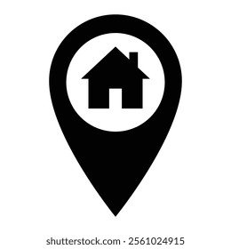 Map pointer with house vector icon. Home map pin symbol for location, real estate, and address design. Black pictogram isolated on white background.