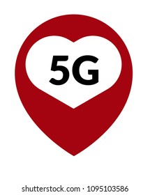 Map pointer icon with 5G sign symbol.5G here