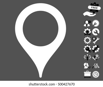 Map Pointer icon with bonus service pictograph collection. Vector illustration style is flat iconic symbols, black and white colors, gray background.