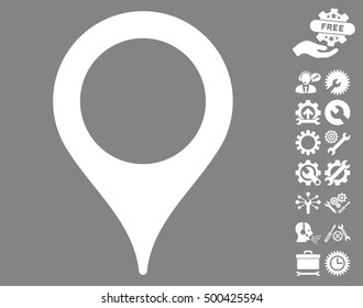 Map Pointer icon with bonus tools symbols. Vector illustration style is flat iconic symbols, white color, gray background.