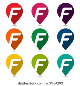 Map pointer icon with a combination of letter F