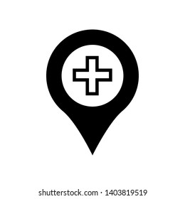 map pointer icon with cross hospital symbol position