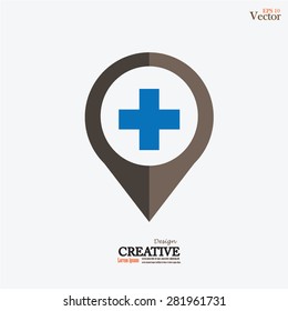 Map Pointer Icon With Cross, Hospital, First Aid Sign Isolated on gray Background.vector illustration.