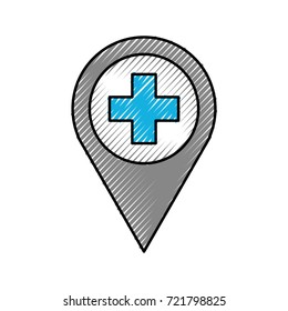 map pointer icon with cross hospital symbol position