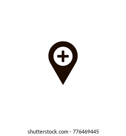 map pointer icon with cross hospital symbol icon. flat design