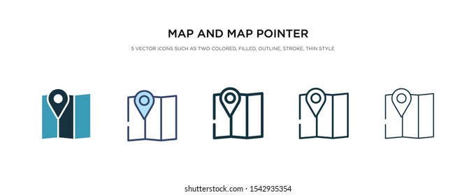 map and map pointer icon in different style vector illustration. two colored and black map and pointer vector icons designed in filled, outline, line stroke style can be used for web, mobile, ui