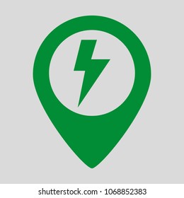 Map pointer icon with electricity symbol. Vector illustration