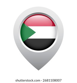 map pointer icon with glossy round flag of Sudan
