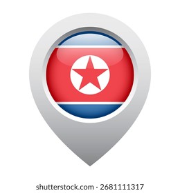 map pointer icon with glossy round flag of North Korea