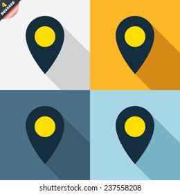 Map pointer icon. GPS location symbol. Four squares. Colored Flat design buttons. Vector