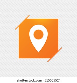 Map pointer icon. GPS location symbol. Orange square label on pattern. Vector