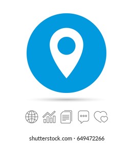 Map pointer icon. GPS location symbol. Copy files, chat speech bubble and chart web icons. Vector