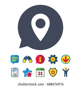 Map pointer icon. GPS location symbol. Information, Report and Speech bubble signs. Binoculars, Service and Download, Stars icons. Vector