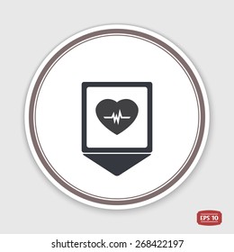 Map pointer. Icon heart with pulse. Flat design style. Made vector illustration. Emblem or label with shadow.