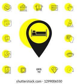 Map pointer icon with hostel or hotel sign.