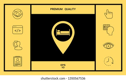 Map pointer icon with hostel or hotel sign.
