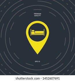 Map pointer icon with hostel or hotel sign.