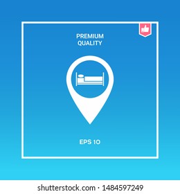 Map pointer icon with hostel or hotel sign.