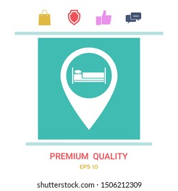 Map pointer icon with hostel or hotel sign.