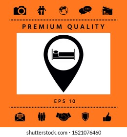 Map pointer icon with hostel or hotel sign.