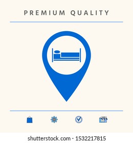 Map pointer icon with hostel or hotel sign.