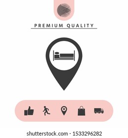 Map pointer icon with hostel or hotel sign.