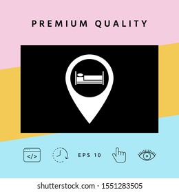 Map pointer icon with hostel or hotel sign.