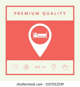 Map pointer icon with hostel or hotel sign.