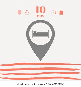 Map pointer icon with hostel or hotel sign.