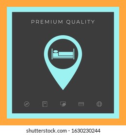 Map pointer icon with hostel or hotel sign.