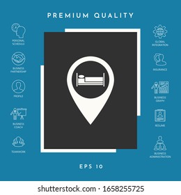 Map pointer icon with hostel or hotel sign.