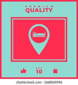 Map pointer icon with hostel or hotel sign.