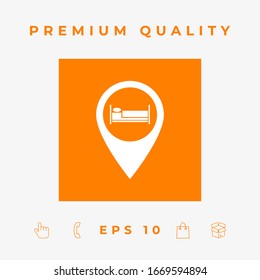 Map pointer icon with hostel or hotel sign.